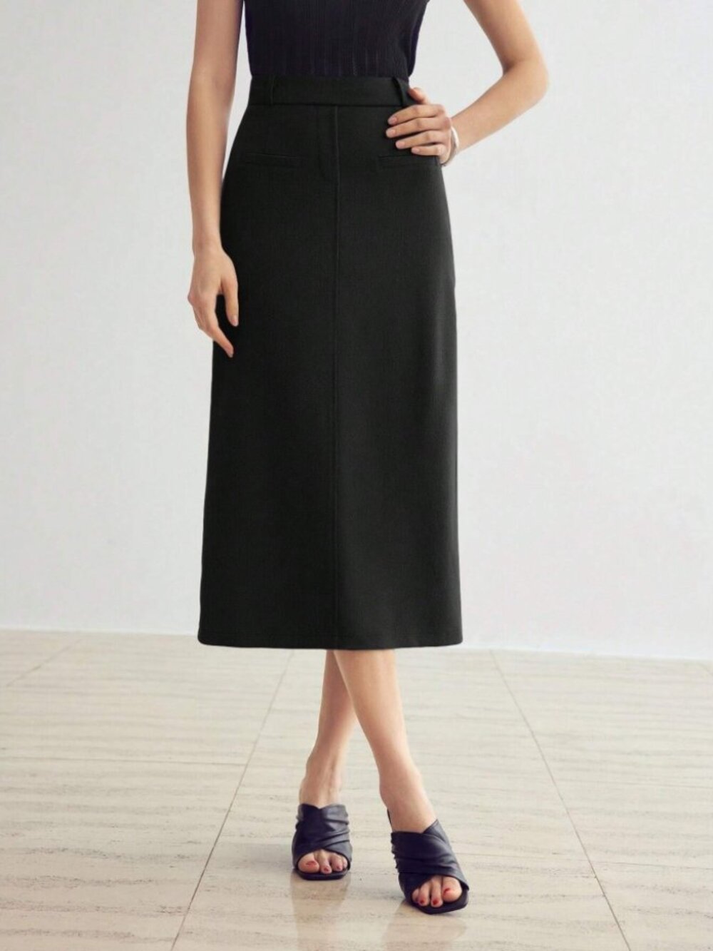 Black High Waisted Seam Front Pocket Detail Midi Pencil Skirt